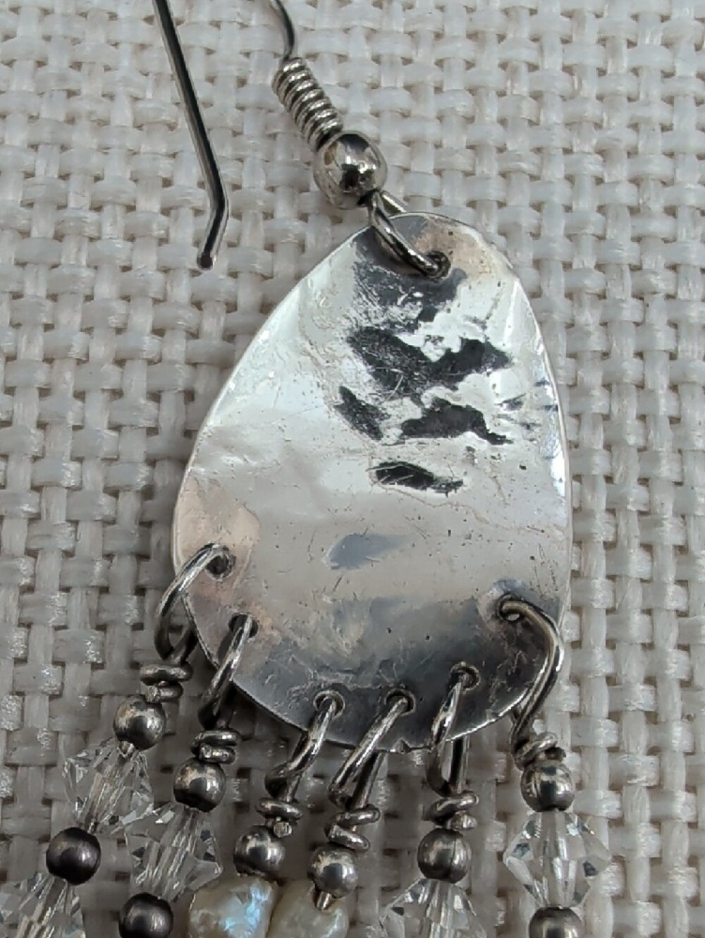 Vintage Artisan Hammered Silver Chandelier Earrings Crystal Bead Fringe 2.5" - Picture 14 of 17